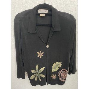 Studio G Womens Floral 3/4 Sleeve  Jacket Black Sz Large